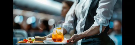 A flight attendant presents a tray with drinks and snacks to passengers during a busy airline service.の素材