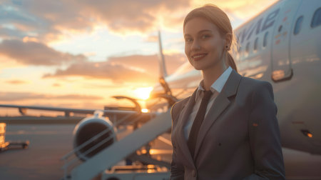 A flight attendant stands beside an airplane, smiling as the sun sets, ready to assist passengers boarding for their evening flight.の素材