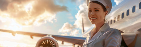 A flight attendant smiles warmly while standing near an airplane, with a beautiful sunset illuminating the background.の素材