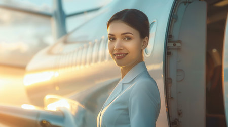 A flight attendant stands at the airplane door, smiling warmly as evening light glows around her, ready to greet arriving passengers.の素材