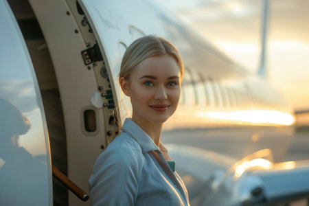 A flight attendant stands by the aircraft door, offering a friendly smile as the sun sets behind her, creating a warm atmosphere for arriving passengers.の素材
