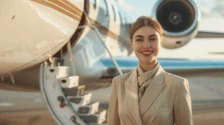 The flight attendant greets passengers with a warm smile near the private jet on a bright day at the airport.の素材