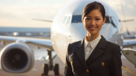 A flight attendant smiles confidently while showcasing her uniform in front of a parked aircraft at the airport.の素材