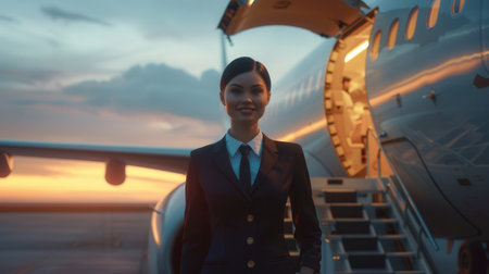 The flight attendant stands by the aircraft door, ready to greet passengers against a picturesque sunset backdrop.の素材