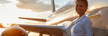 A flight attendant smiles warmly while standing next to an airplane, highlighting her pride in her role as the sun sets behind her.の素材