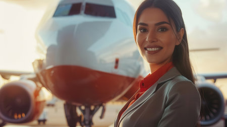 A flight attendant poses proudly in front of a passenger aircraft, highlighting dedication and professionalism in the airline industry.の素材