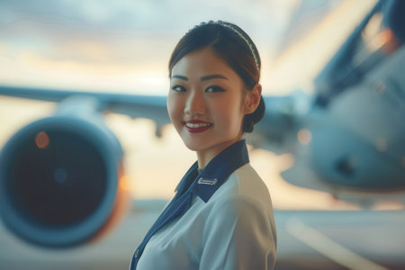 A flight attendant stands confidently by an airplane, smiling as the sun sets, creating a warm atmosphere around her.の素材