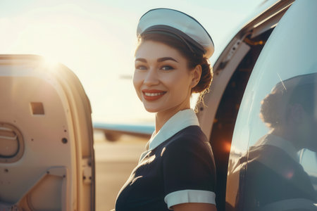 A flight attendant welcomes travelers with a friendly smile outside an airplane as the sun rises, signaling the start of a new journey.の素材