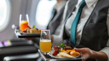 Flight attendants serve a variety of meals and beverages to passengers on a domestic flight, ensuring a pleasant in-flight dining experience.の素材