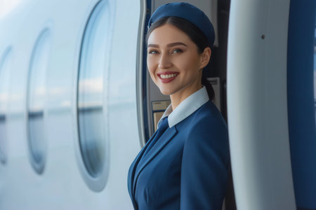 A cheerful flight attendant smiles while standing by the airplane entrance, ready to assist arriving passengers at the airport.の素材