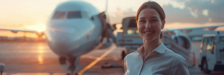 A cheerful flight attendant stands near an airplane, welcoming passengers as the sun sets beautifully in the background.の素材