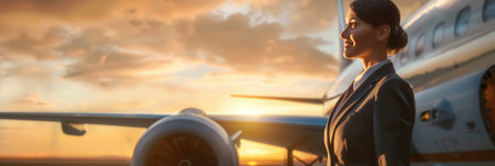 A flight attendant stands proudly beside an airplane, illuminated by the warm glow of the setting sun, showcasing dedication to her profession.の素材