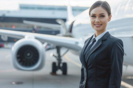 A flight attendant stands confidently next to a sleek airplane, showcasing professionalism at the airport on a clear day.の素材
