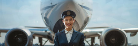 A flight attendant poses with a welcoming smile as a large aircraft looms behind her at the airport under clear blue skies.の素材