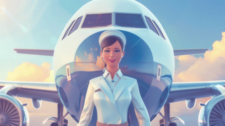 A flight attendant greets passengers with a friendly smile as she stands in front of a large commercial airplane during sunny weather.の素材
