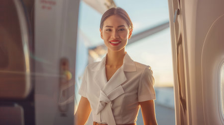A flight attendant warmly welcomes travelers as the sun sets, standing by the aircraft doorway ready to assist passengers.の素材