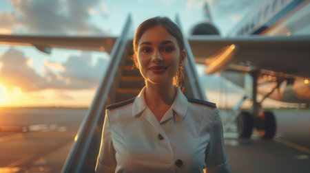 A flight attendant stands at the foot of the boarding staircase, smiling warmly as the sun sets behind her, welcoming passengers to the flight.の素材