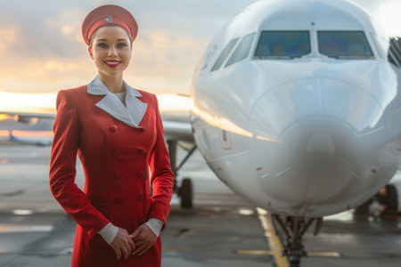 A flight attendant in a red uniform poses next to an airplane on the tarmac as the sun sets, ready to welcome passengers aboard.の素材