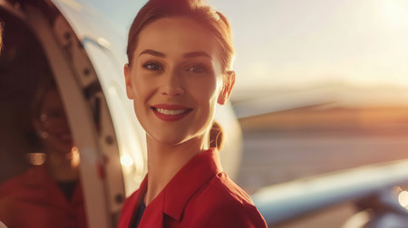 A friendly flight attendant greets travelers as they prepare to board the aircraft at dusk, showcasing a welcoming atmosphere.の素材
