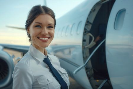 A flight attendant greets passengers with a smile near the open door of a parked airplane at the airport under a clear sky.の素材