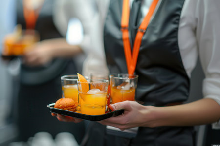 A flight attendant delivers cocktails and snacks to passengers seated comfortably in the cabin of a private aircraft.の素材