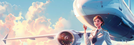 A flight attendant stands proudly beside an airplane, showcasing professionalism and warmth in a bright, uplifting atmosphere.の素材