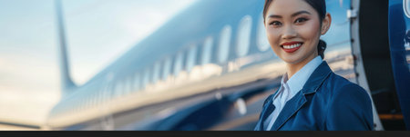A friendly flight attendant stands beside an aircraft, ready to assist passengers boarding for their journey.の素材