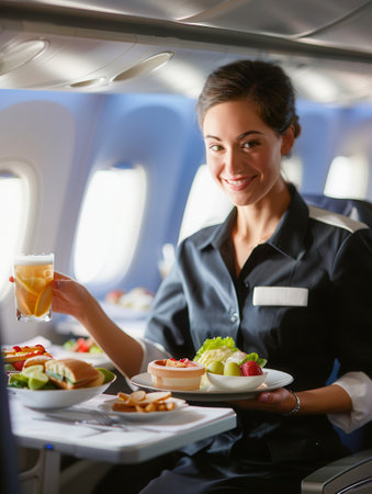A flight attendant smiles while serving a tray of food and drinks to passengers onboard an aircraft at cruising altitude.の素材