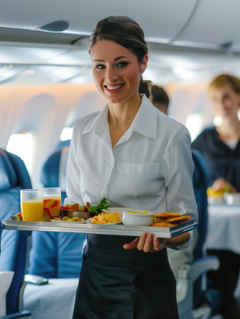 A flight attendant presents a meal tray with beverages and snacks to passengers on an airplane during a mid-day flight.の素材