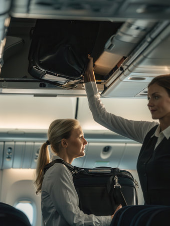 Two flight passengers attendants help store their bags in overhead compartments inside the aircraft.の素材