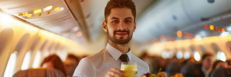 A flight attendant offers a drink and snacks to passengers seated on an evening flight, ensuring a pleasant travel experience.の素材