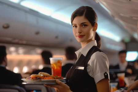 A flight attendant presents a tray of food and drink to passengers seated on an airplane, ensuring a pleasant in-flight experience.の素材