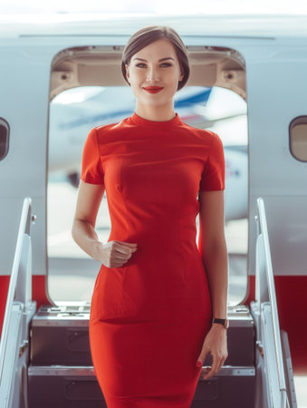 A flight attendant stands confidently at the airplane entrance, ready to assist passengers boarding in a vibrant red uniform.の素材