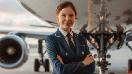 A flight attendant poses with crossed arms in front of a parked airplane at the airport, showing professionalism and readiness for travel.の素材