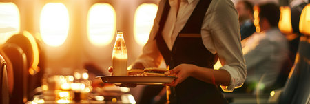 A flight attendant serves snacks and a drink to passengers while the sun sets outside the airplane windows.の素材