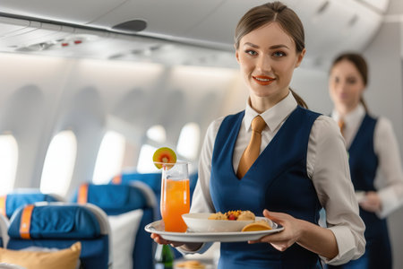 A flight attendant smiles while serving a colorful drink and meal to passengers in a spacious airplane cabin.の素材