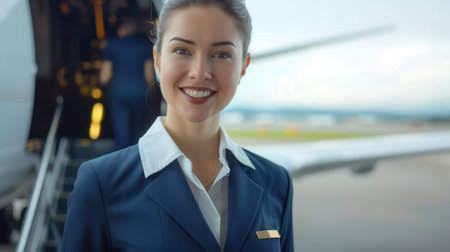 A flight attendant warmly welcomes travelers as they board the plane at the airport terminal, showing friendly service and professionalism.の素材