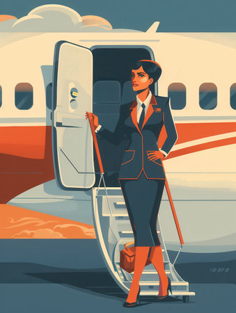 A flight attendant stands at the aircraft door, ready to greet travelers as the sun sets on a busy evening at the airport.の素材