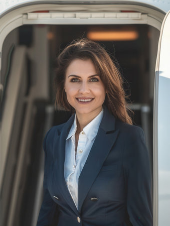 A flight attendant stands at the aircraft entrance, smiling warmly as passengers prepare to board.の素材