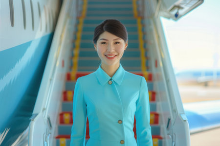 A flight attendant stands at the airplane entrance, smiling brightly as passengers prepare to board under clear skies.の素材