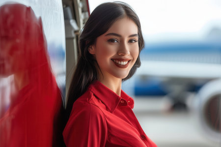 A friendly flight attendant stands beside an aircraft, smiling while wearing a bright red uniform at the airport.の素材