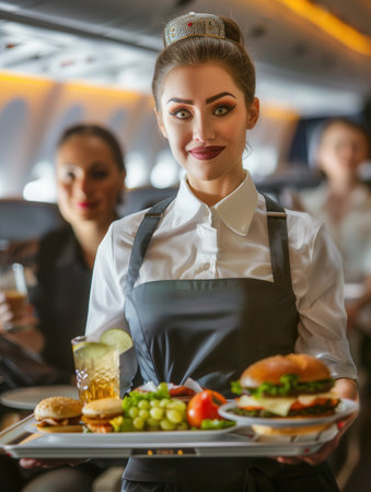 A flight attendant serves a tray of food and beverages to passengers seated in an airplane cabin, ensuring a pleasant travel experience.の素材