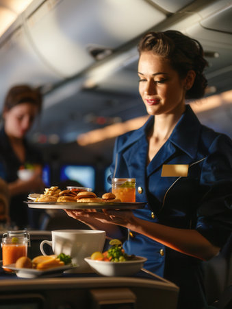 A flight attendant serves a selection of food and drinks to passengers while navigating the cabin during a long-haul flight.の素材
