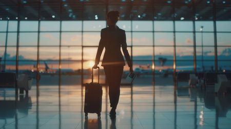 A flight attendant navigates the airport terminal with a suitcase, enjoying the beautiful sunset through large windows.の素材