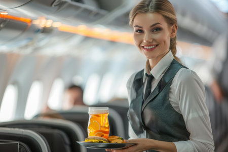 A flight attendant smiles while offering a tray of drinks and snacks to travelers on a plane filled with passengers.の素材
