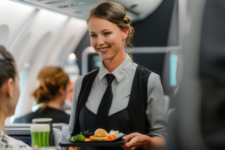 A flight attendant delivers delicious meals to passengers, ensuring a pleasant dining experience onboard during the flight.の素材