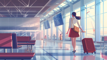 A flight attendant strolls through a sunny airport terminal, pulling her suitcase travelers as bustle around her in the background.の素材