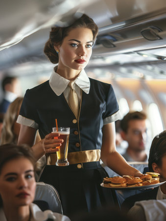 A flight attendant gracefully serves drinks and snacks to passengers in the aircraft cabin while they enjoy their travel experience.の素材