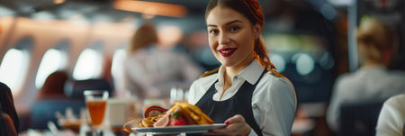 A flight attendant smiles while serving a delicious meal to passengers in the airplane cabin during dinner time.の素材