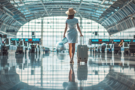 A flight attendant strolls through a spacious airport terminal, carrying a suitcase while wearing a fashionable outfit and hat.の素材